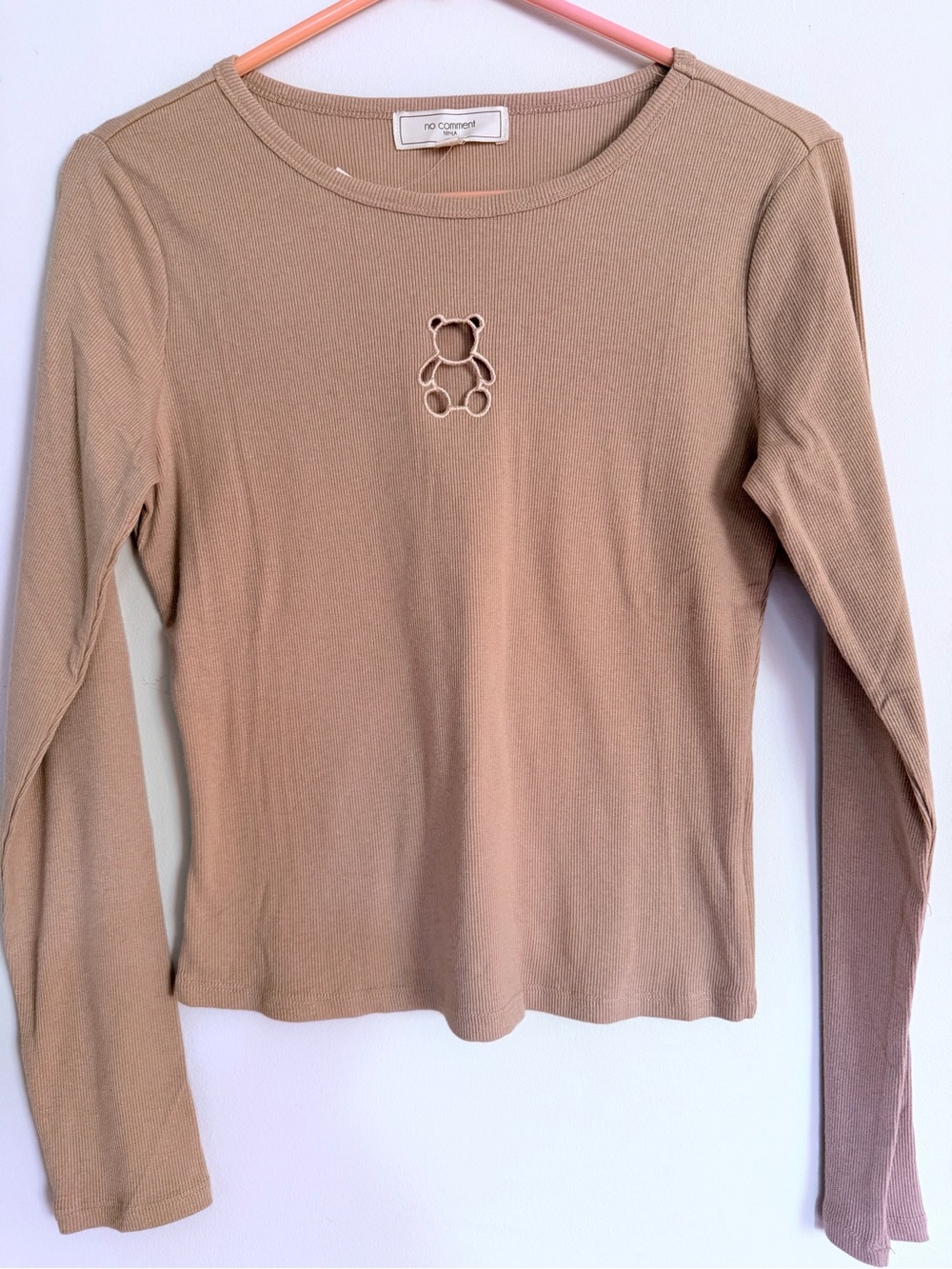 NWT Ribbed Long-Sleeve Taupe Layring Too with Teddy Bear Cutout